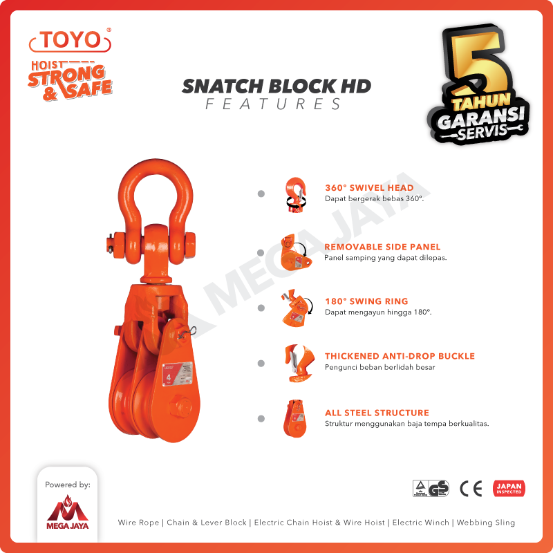 Snatch Block / Pulley Block Hook 4 Ton - 4 1/2" HD 1 Sheave TOYO