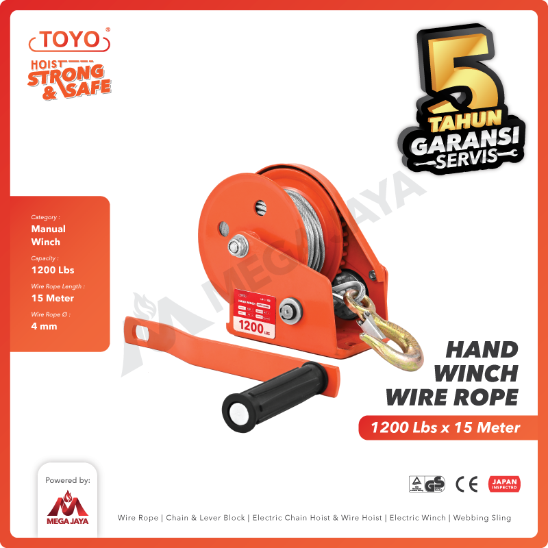 Hand Winch Auto Brake / Katrol Manual 1200 Lbs x 15 Meter TOYO