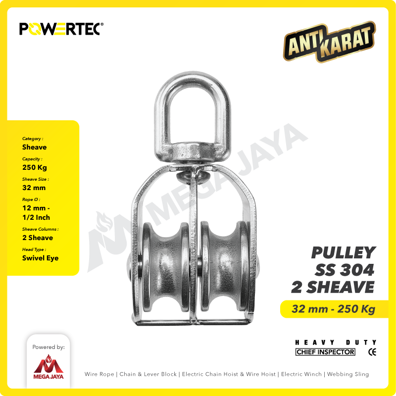 Small Pulley SS 304 Katrol Kerekan 32mm - 2 Sheave Stainless POWERTEC