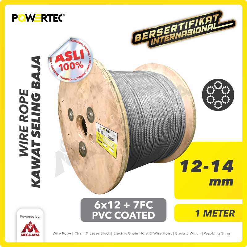 Wire Rope / Kawat Seling Baja 6x12 7FC PVC 12-14mm POWERTEC  - 1 Meter