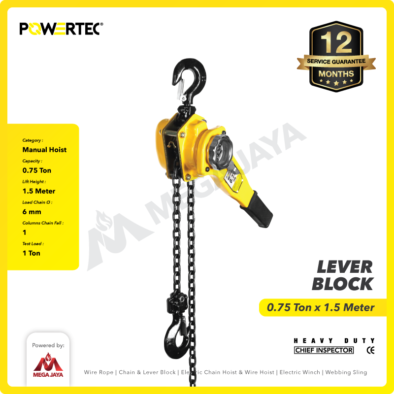 Lever Block / Lever Hoist 0.75 Ton x 1.5 Meter POWERTEC