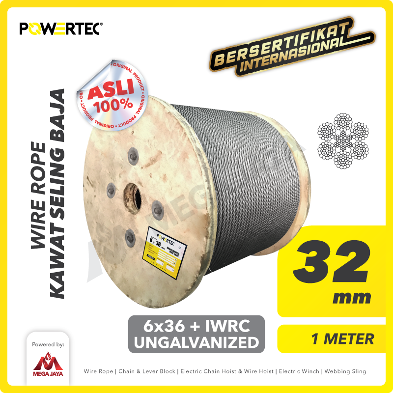 Wire Rope / Kawat Seling Baja 6x36 IWRC 32mm Ungalv POWERTEC - 1 Meter