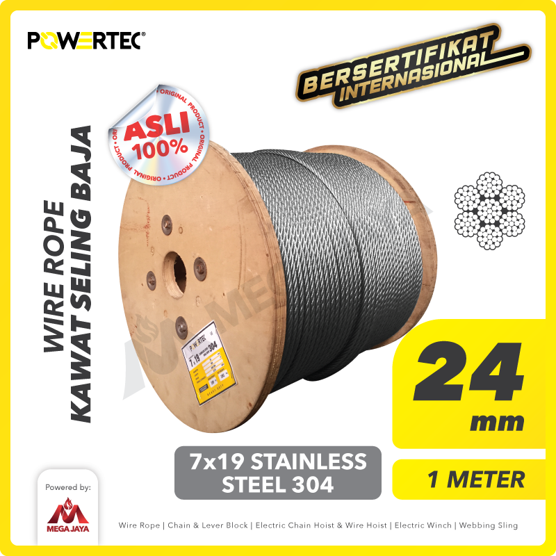 Wire Rope / Kawat Seling Baja 7x19 SS 304 24mm POWERTEC  - 1 Meter