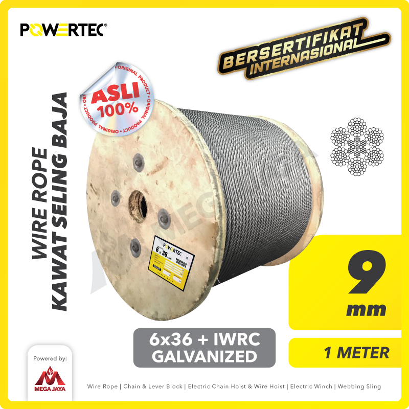 Wire Rope / Kawat Seling Baja 6x36 IWRC 9mm Galv POWERTEC - 1 Meter