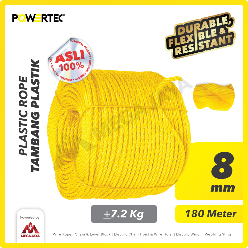 Tali Tambang Plastik 8mm x 180m Plastic Rope POWERTEC - Kuning