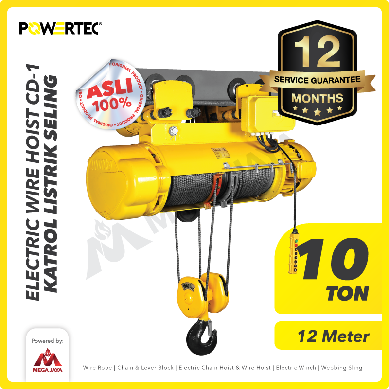 Electric Wire Rope Hoist 10 Ton  x 12 Meter 3 Phase CD-1 POWERTEC