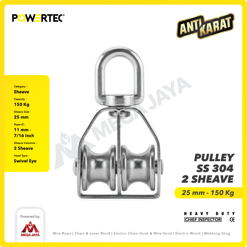 Small Pulley SS 304 Katrol Kerekan 25mm - 2 Sheave Stainless POWERTEC