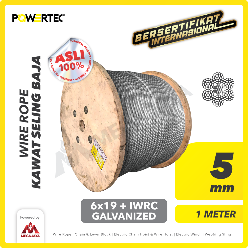 Wire Rope / Kawat Seling Baja 6x19 IWRC 5mm Galv POWERTEC - 1 Meter