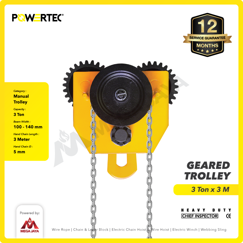 Geared Trolley / Gear Troli Hoist 3 Ton x 3 Meter POWERTEC