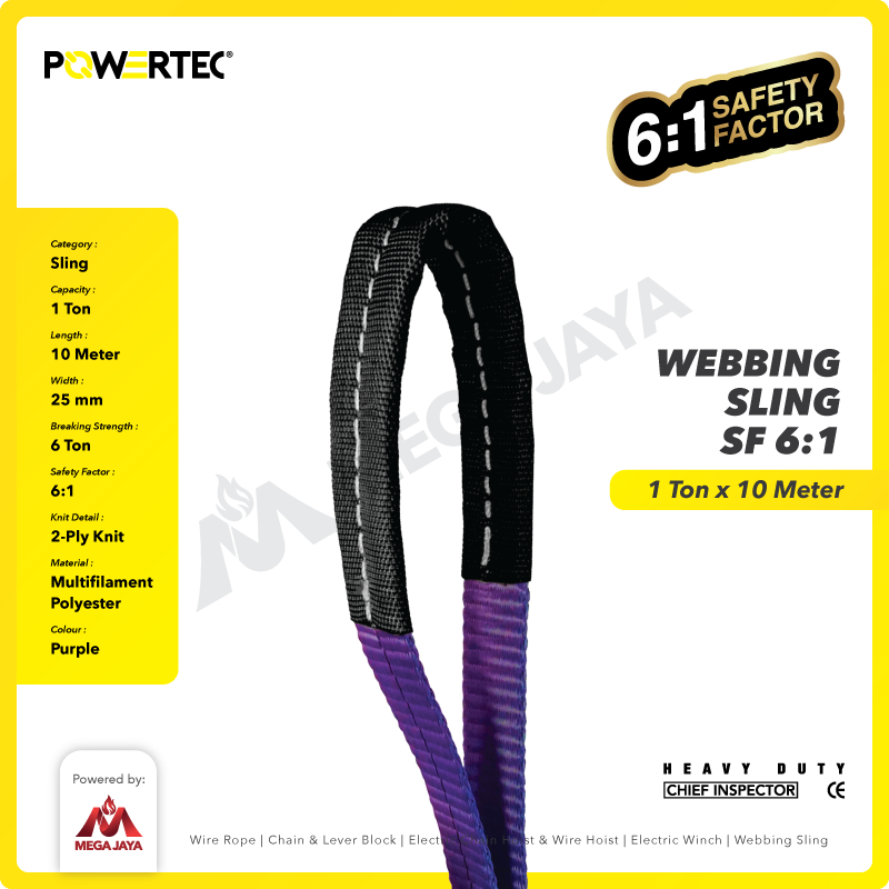 Webbing Sling Belt / Tali Angkat 1 Ton x 10 Meter POWERTEC Double Ply