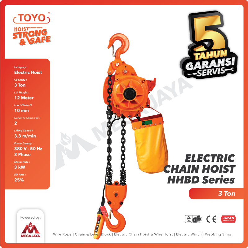 Electric Chain Hoist 3 Ton  x 12 Meter HHBD Series TOYO