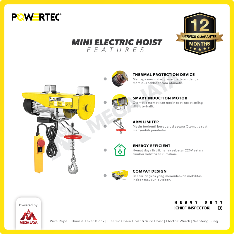 Mini Electric Hoist / Katrol Listrik 150/300 Kg x 20 Meter POWERTEC