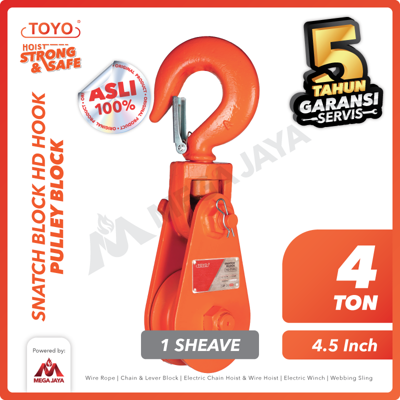 Snatch Block / Pulley Block Hook 4 Ton - 4 1/2" HD 1 Sheave TOYO