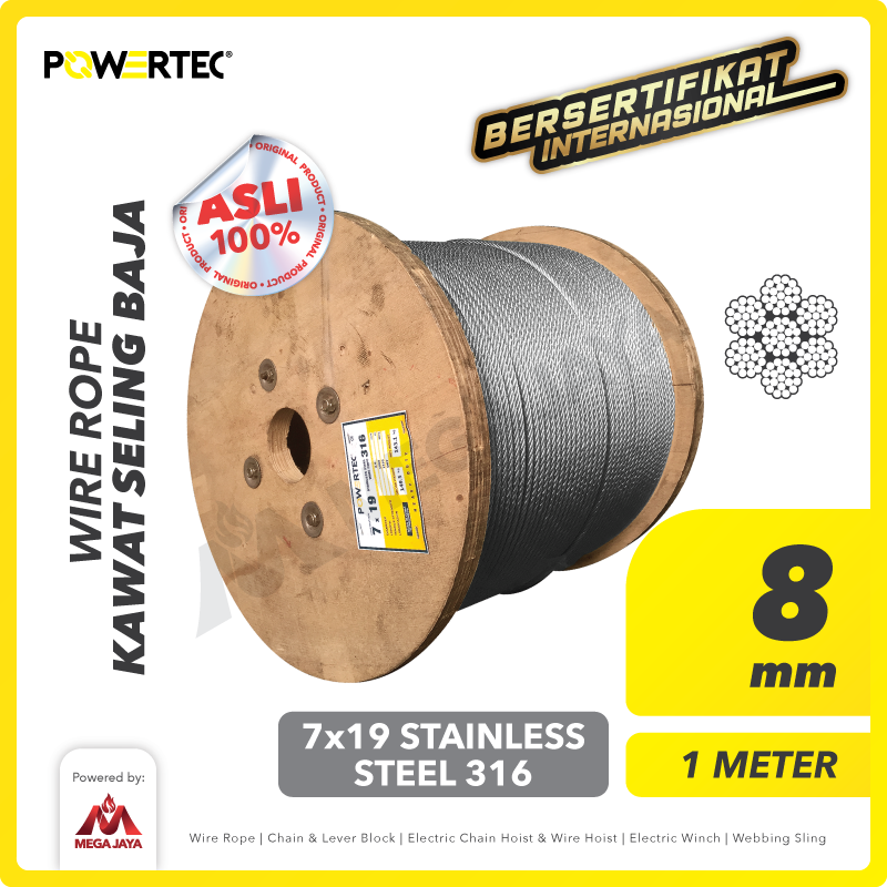Wire Rope / Kawat Seling Baja 7x19 SS 316 8mm POWERTEC  - 1 Meter