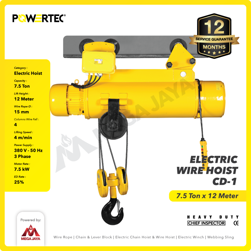 Electric Wire Rope Hoist 7.5 Ton  x 12 Meter 3 Phase CD-1 POWERTEC