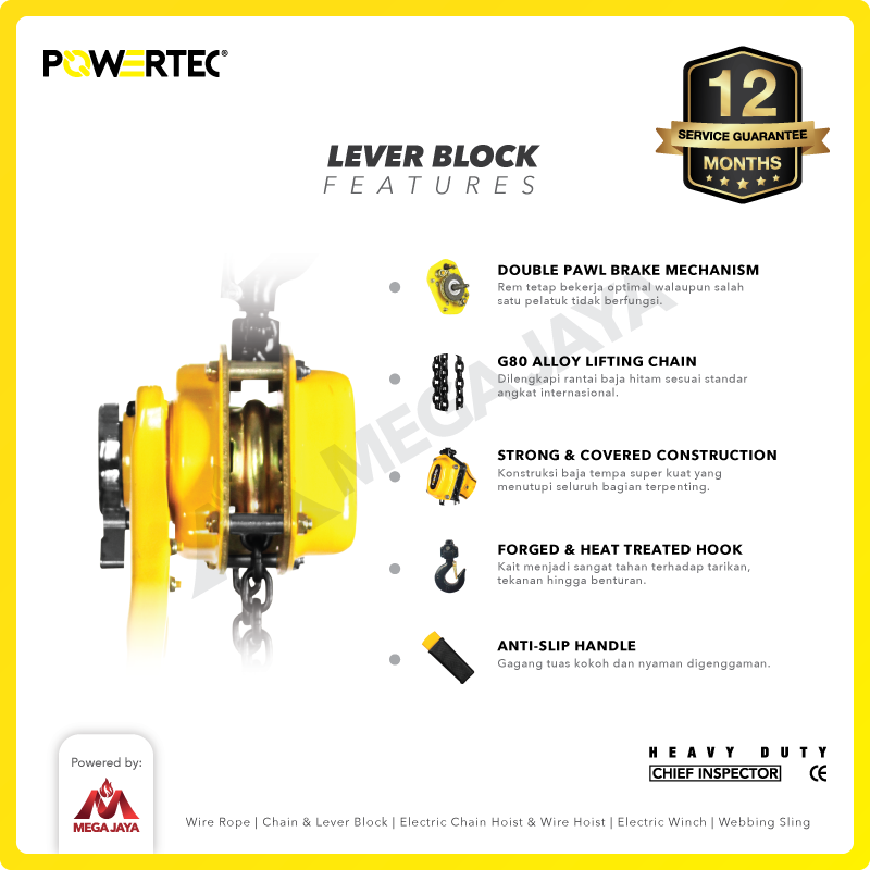 Lever Block / Lever Hoist 9 Ton x 1.5 Meter POWERTEC