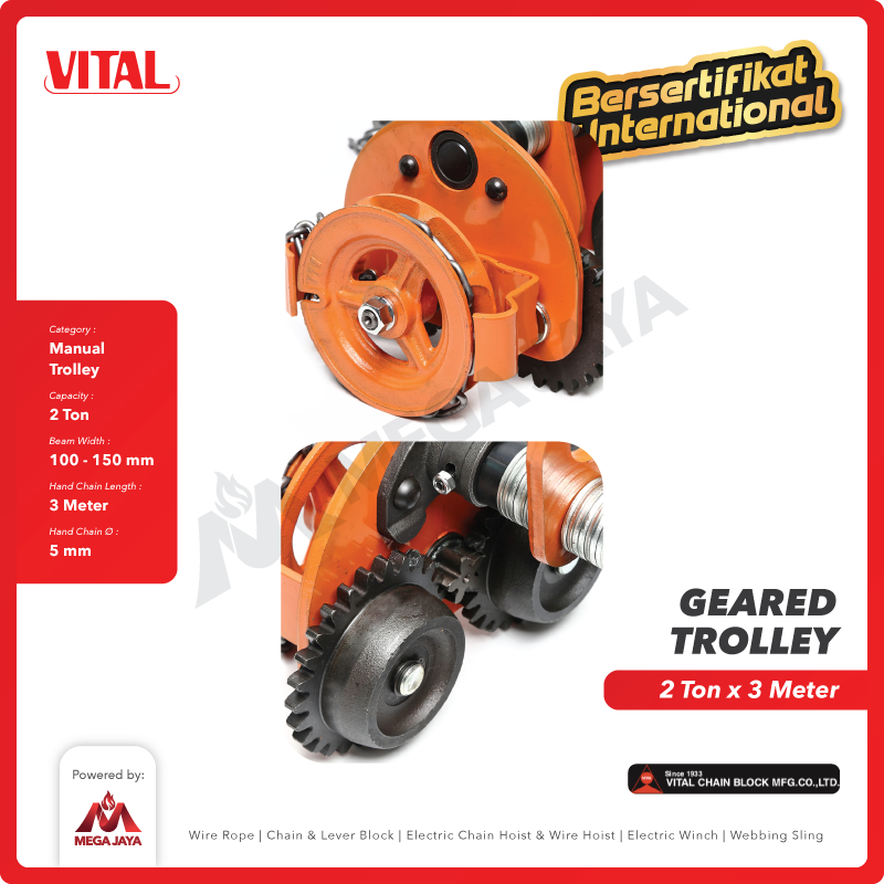 Geared Trolley / Gear Troli Hoist 2 Ton x 3 Meter VITAL