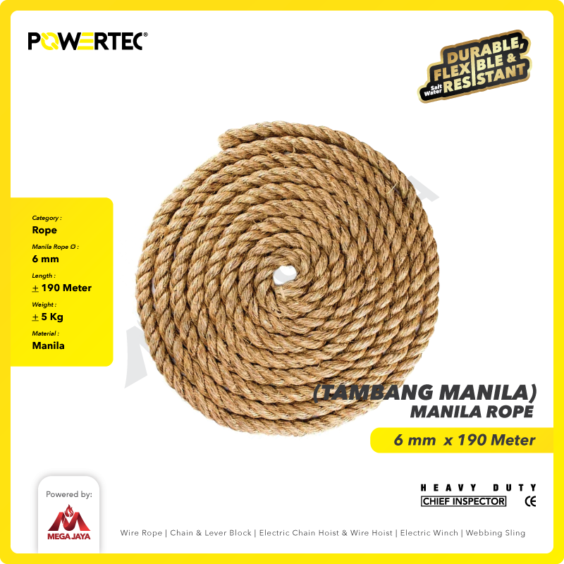 Tali Tambang Manila Rope 6mm x 190m x 5kg Tampar Dadung POWERTEC