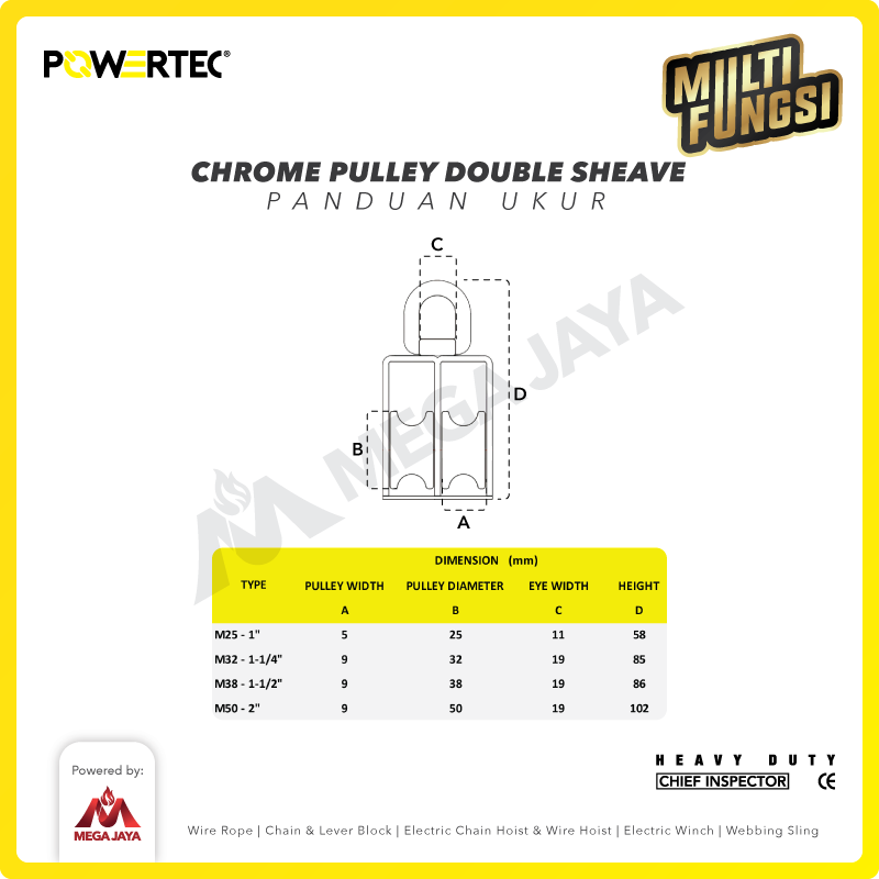 Small Pulley Chrome Katrol Kerekan 50mm 2" - 2 Sheave POWERTEC