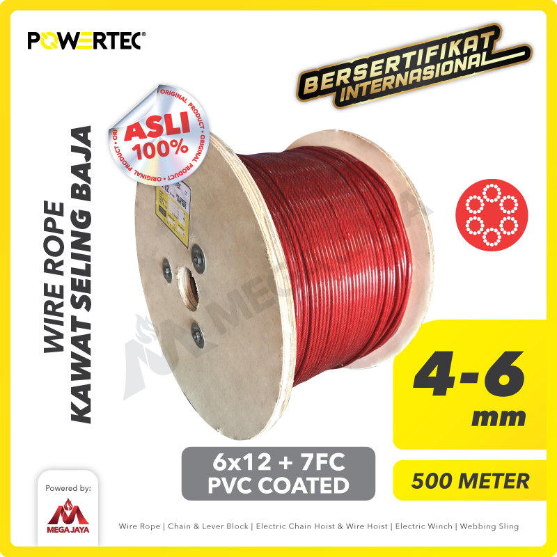 Wire Rope / Kawat Seling Baja 6x12 7FC PVC 4-6mm Merah POWERTEC - 500m
