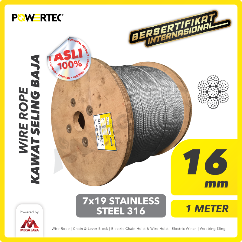 Wire Rope / Kawat Seling Baja 7x19 SS 316 16mm POWERTEC  - 1 Meter