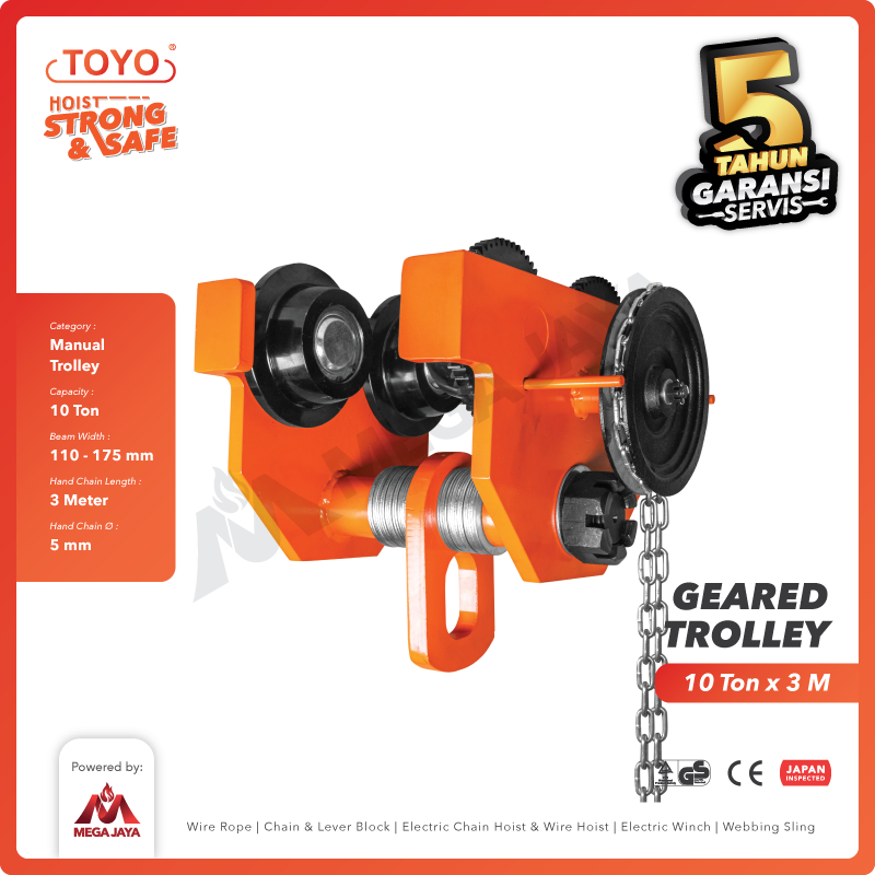 Geared Trolley / Gear Troli Hoist 10 Ton x 3 Meter TOYO