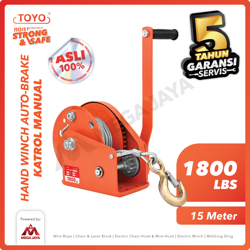 Hand Winch Auto Brake / Katrol Manual 1800 Lbs x 15 Meter TOYO