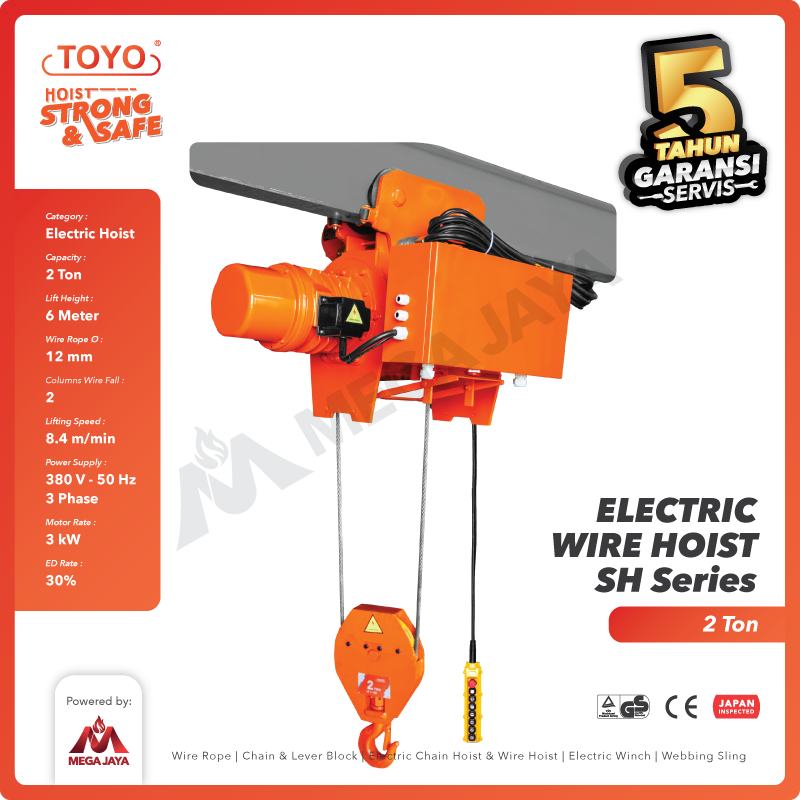 Electric Wire Rope Hoist 2 Ton  x 6 Meter SH Series TOYO