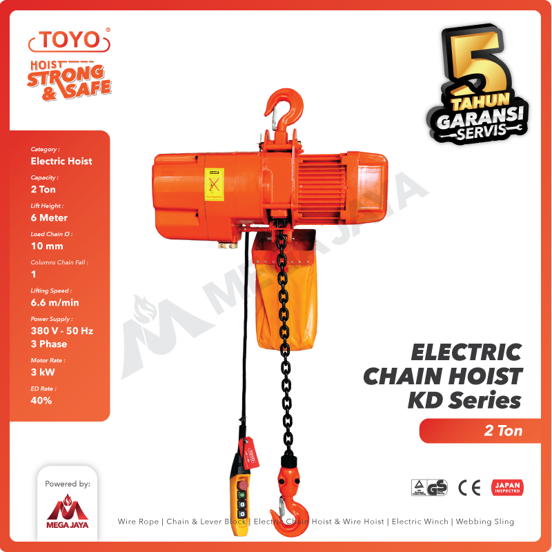 Electric Chain Hoist 2 Ton  x 6 Meter KD Series TOYO