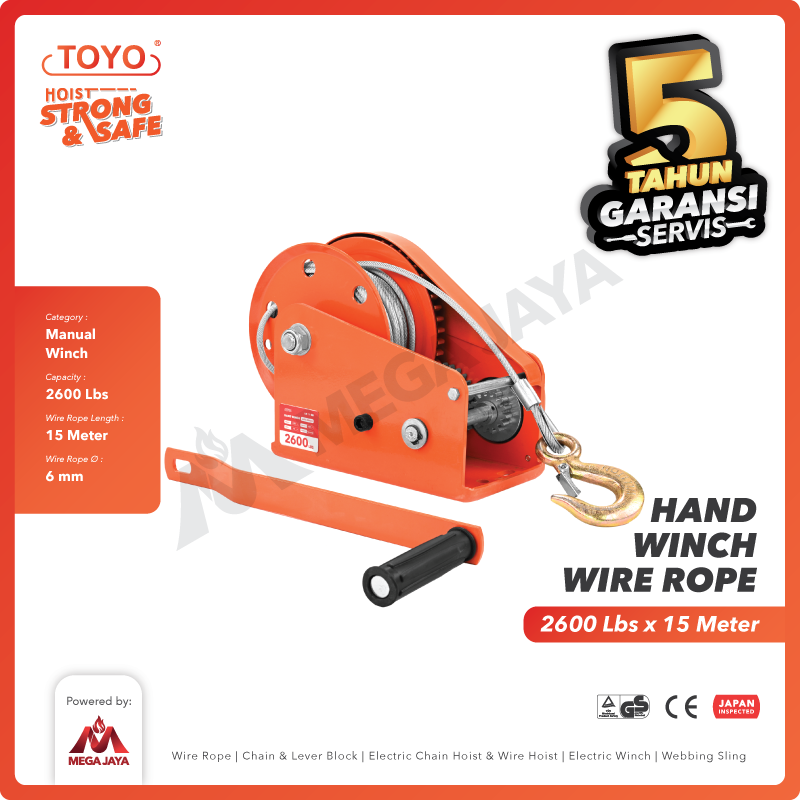 Hand Winch Auto Brake / Katrol Manual 2600 Lbs x 15 Meter TOYO