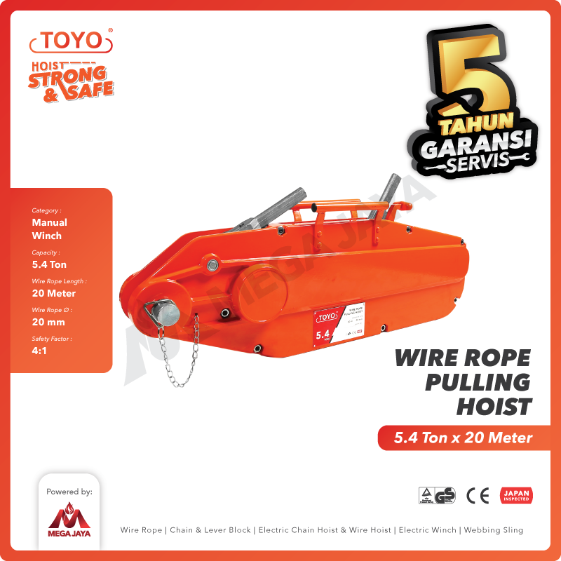 Wire Rope Pulling Hoist / Tirfor 5.4 Ton x 20 Meter TOYO