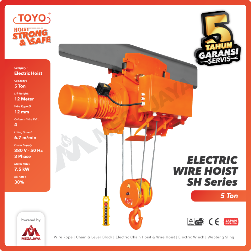 Electric Wire Rope Hoist 5 Ton  x 12 Meter SH Series TOYO