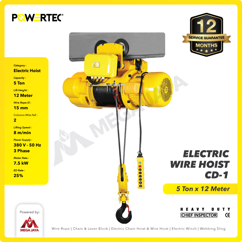 Electric Wire Rope Hoist 5 Ton  x 12 Meter 3 Phase CD-1 POWERTEC