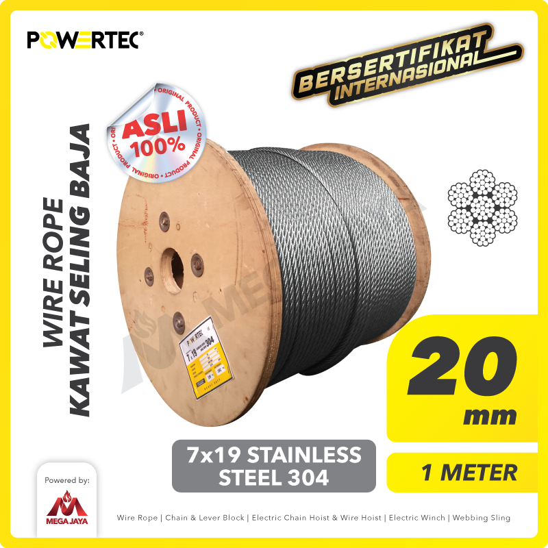 Wire Rope / Kawat Seling Baja 7x19 SS 304 20mm POWERTEC  - 1 Meter
