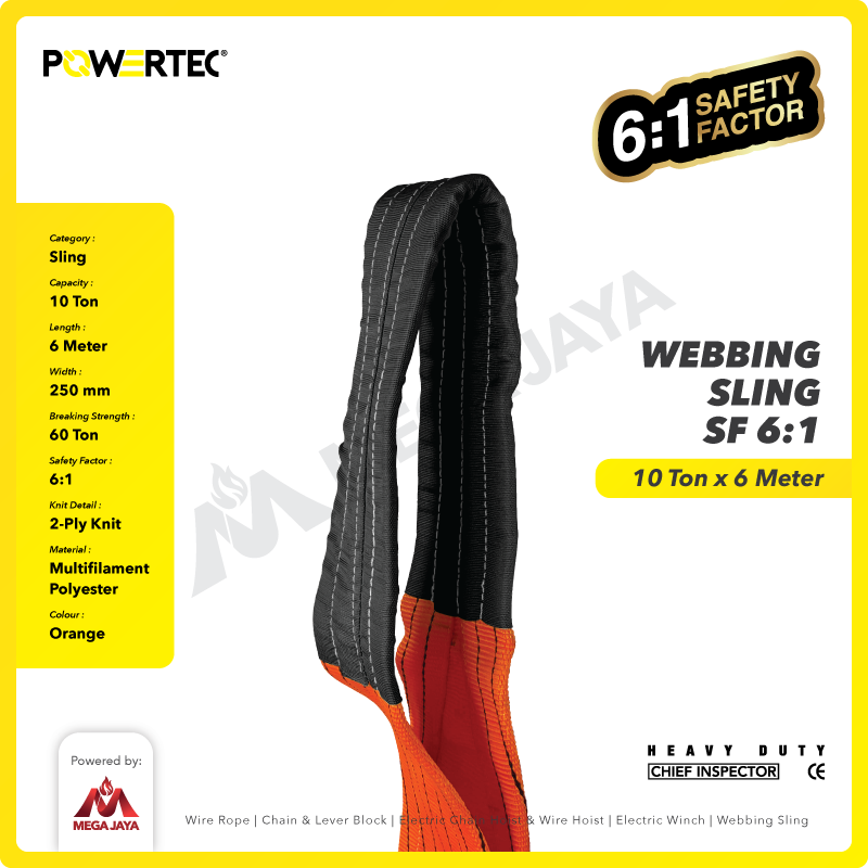 Webbing Sling Belt / Tali Angkat 10 Ton x 6 Meter POWERTEC Double Ply