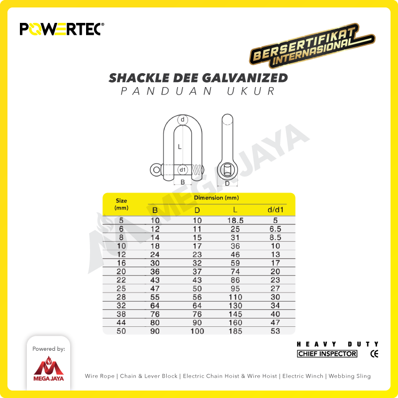 Shackle D Galvanized 22mm - 7/8" POWERTEC Segel Dee Galvanis