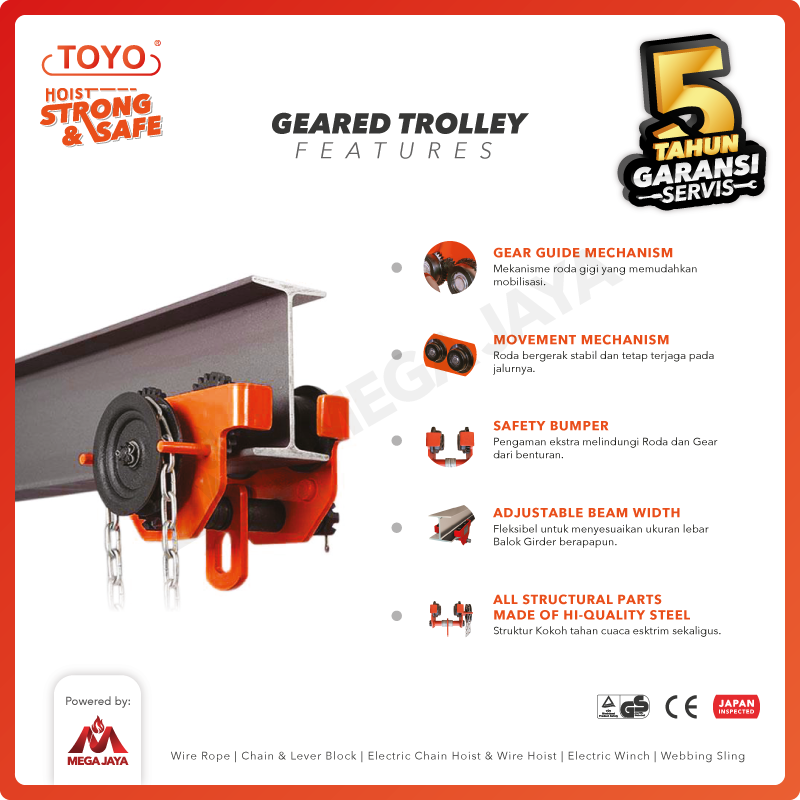 Geared Trolley / Gear Troli Hoist 20 Ton x 5 Meter TOYO