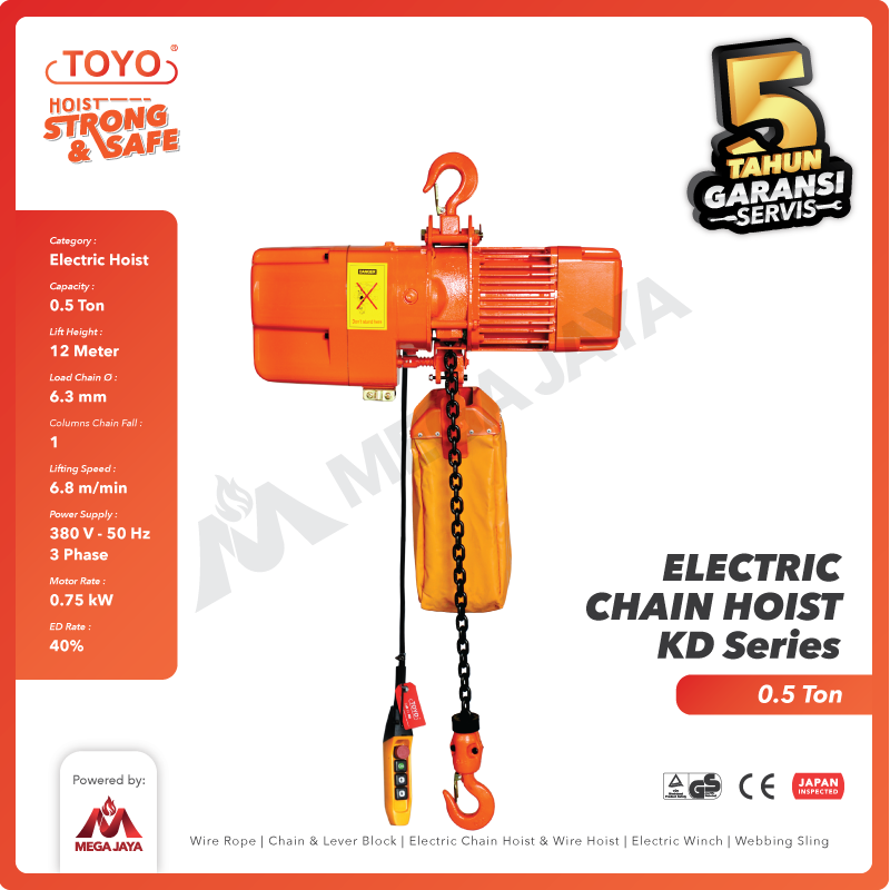 Electric Chain Hoist 0.5 Ton  x 12 Meter KD Series TOYO