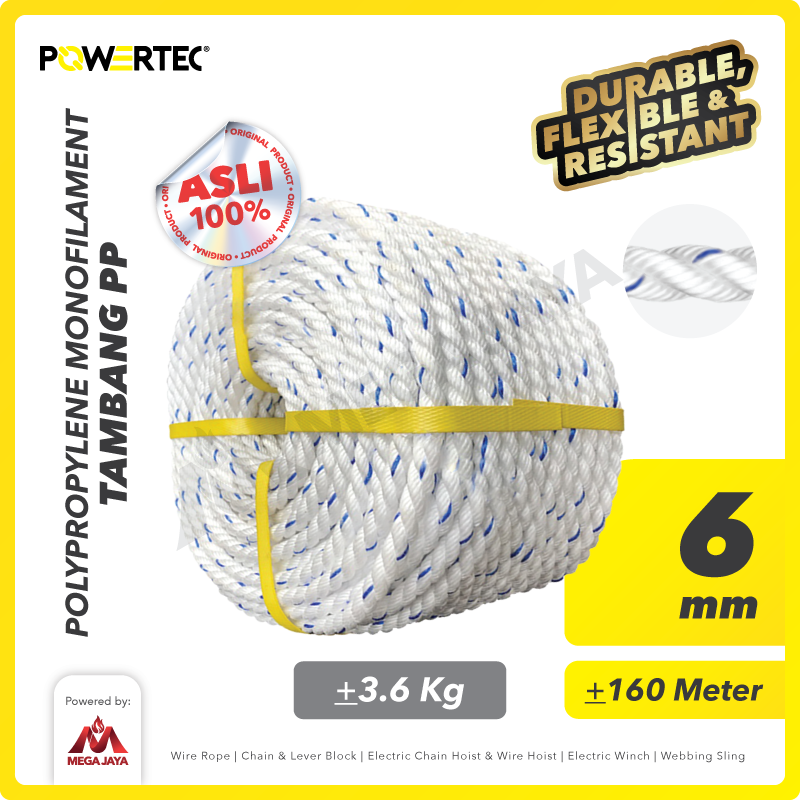 Tali Tambang PP 6mm x 200m Polypropylene PP Mono Rope POWERTEC