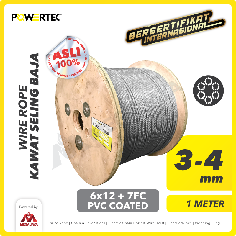 Wire Rope / Kawat Seling Baja 6x12 7FC PVC 3-4mm POWERTEC  - 1 Meter