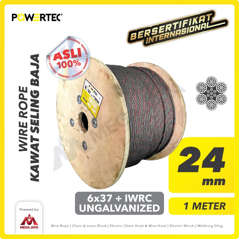 Wire Rope / Kawat Seling Baja 6x37 IWRC 24mm Ungalv POWERTEC - 1 Meter
