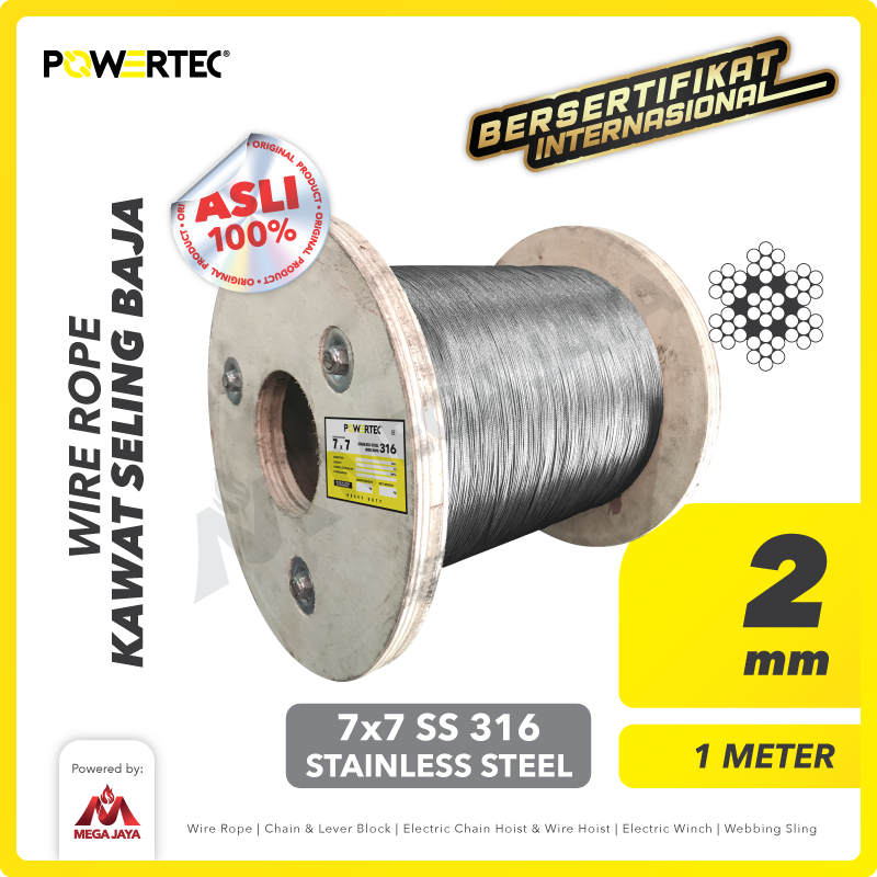 Wire Rope / Kawat Seling Baja 7x7 SS 316 2mm POWERTEC - 1 Meter