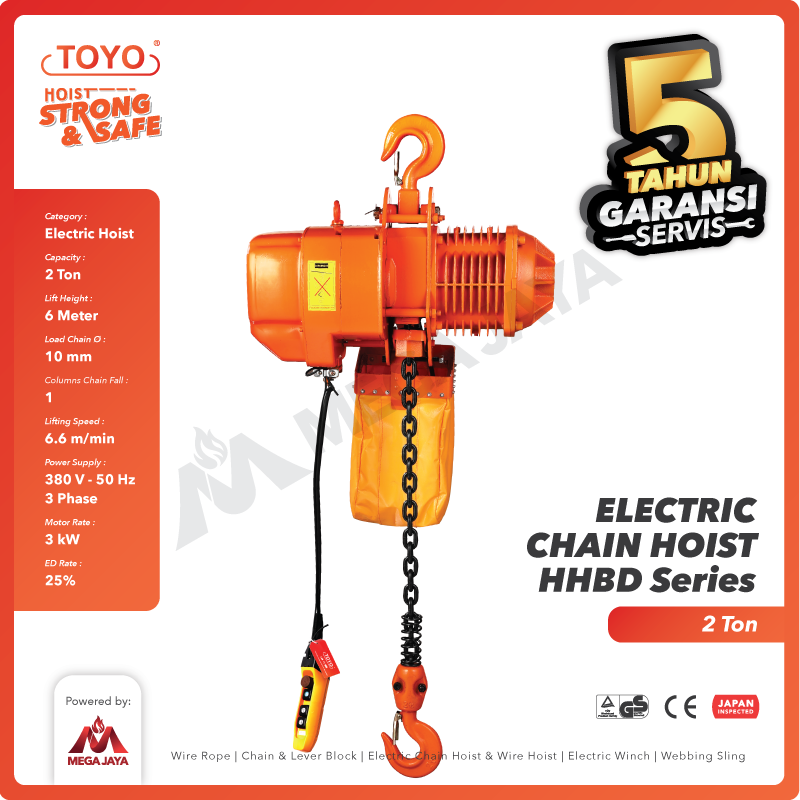 Electric Chain Hoist 2 Ton  x 6 Meter HHBD Series TOYO