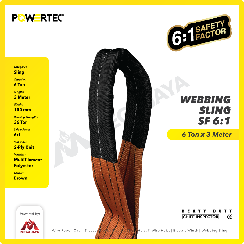 Webbing Sling Belt / Tali Angkat 6 Ton x 3 Meter POWERTEC Double Ply