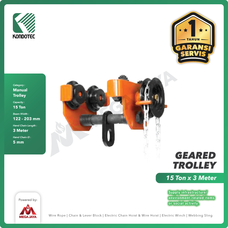 Geared Trolley / Gear Troli Hoist 15 Ton x 3 Meter KONDOTEC