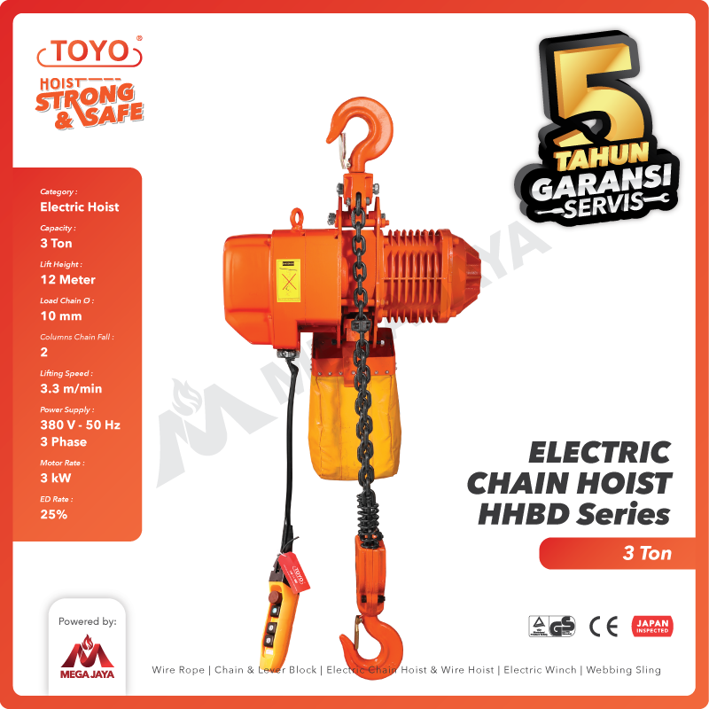 Electric Chain Hoist 3 Ton  x 12 Meter HHBD Series TOYO