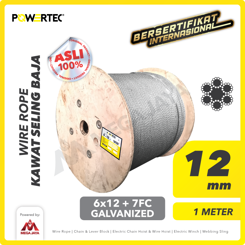 Wire Rope / Kawat Seling Baja 6x12 7FC 12mm Galv POWERTEC - 1 Meter