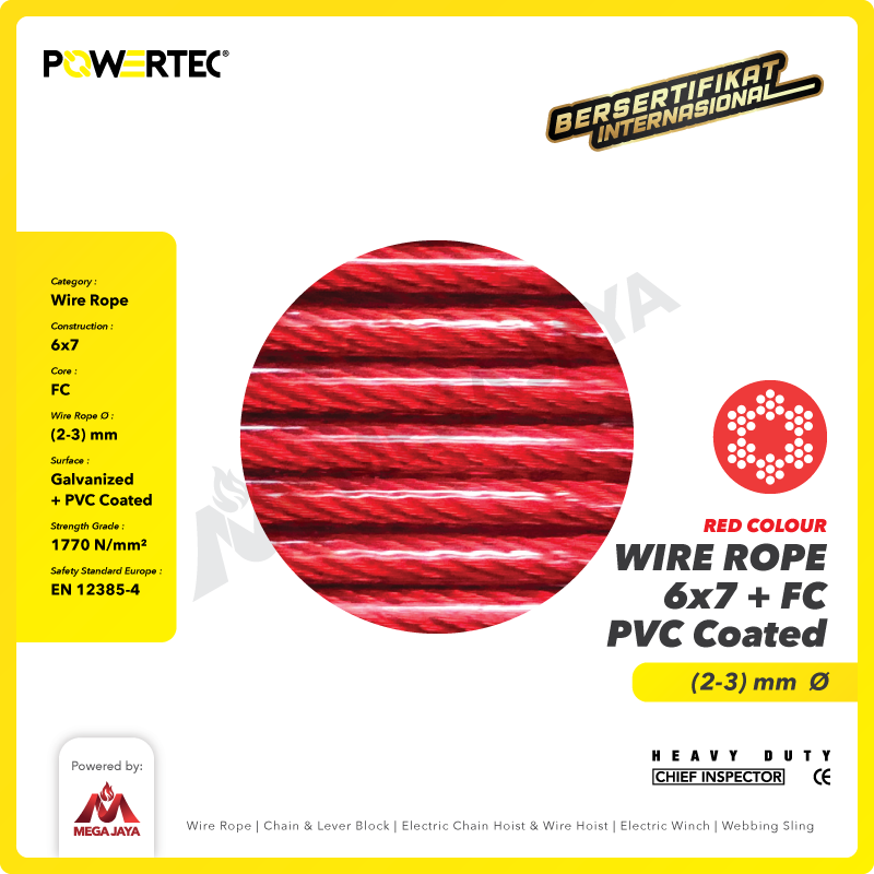 Wire Rope / Kawat Seling Baja 6x7 FC PVC 2-3mm Merah POWERTEC - 500m