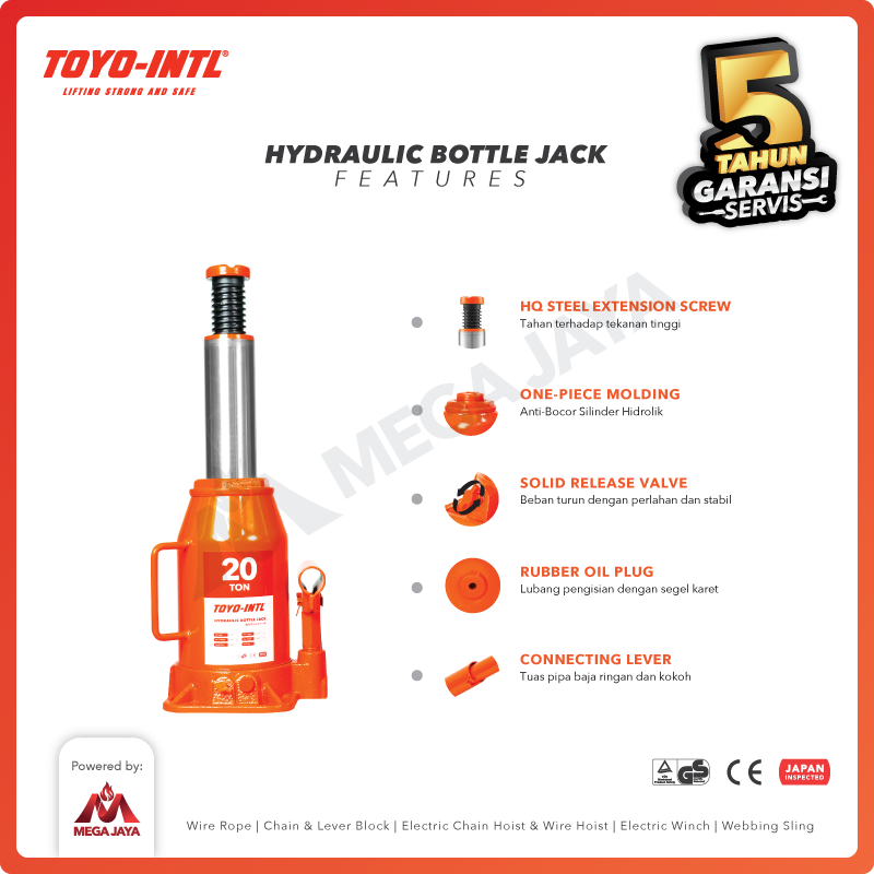 Hydraulic Bottle Jack / Dongkrak Botol 5 Ton TOYO