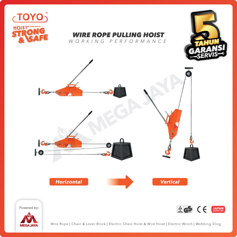 Wire Rope Pulling Hoist / Tirfor 5.4 Ton x 20 Meter TOYO